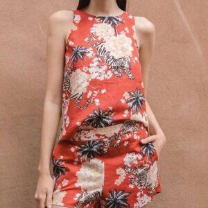 Las Sureñas Romantic Tiger Linen Cotton Tank Top Brick Red Medium EUC
